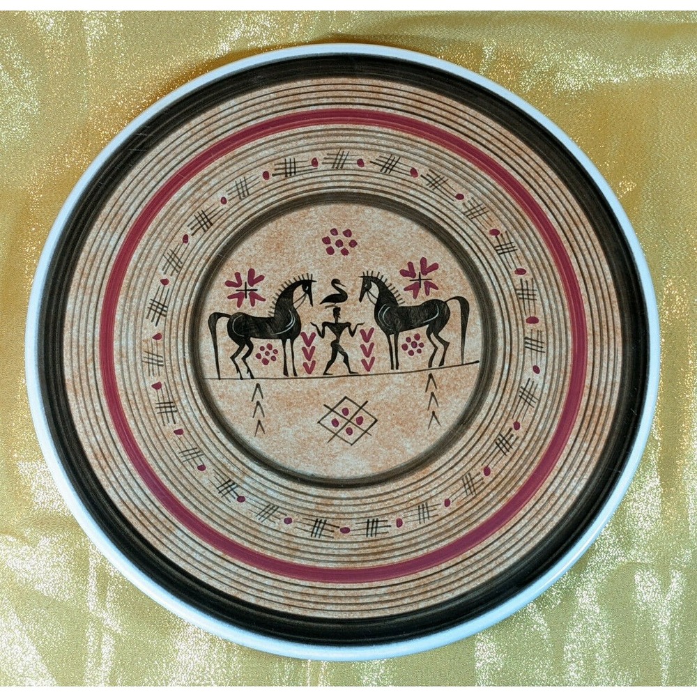 Handmade Greek Platter Keramikos Stylized Horses Wall Plate Serving Athens 13"